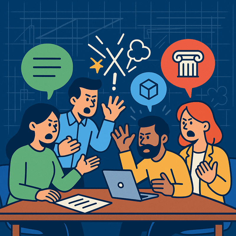 Chaotic meeting room scene with four different stakeholder groups speaking conflicting architectural languages