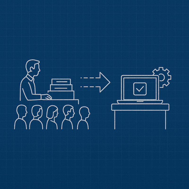 Platform transformation diagram showing evolution from manual request processing to self-service automation