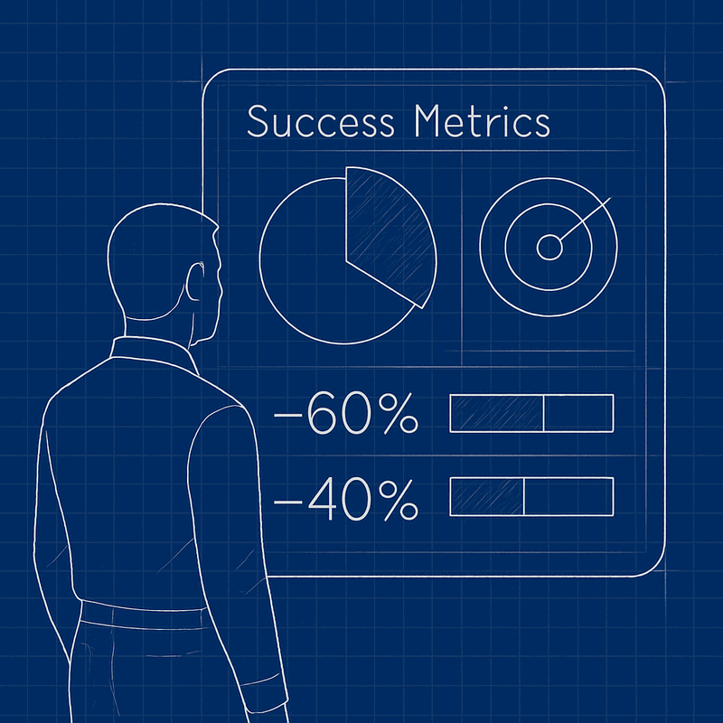 Success metrics dashboard showing 60% meeting reduction and 40% faster impact analysis