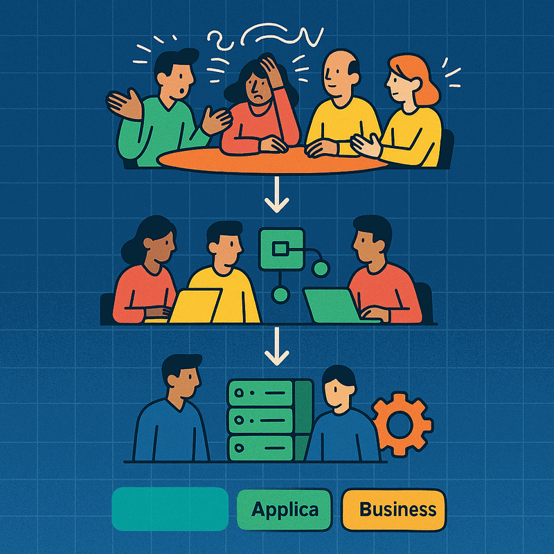 Three-layer architectural diagram showing business-application-technology stack transforming chaotic stakeholder meetings...