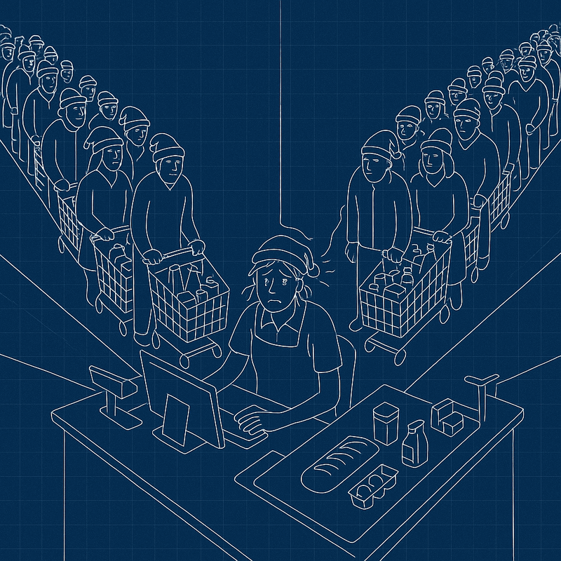 Single cashier serving four stores analogy showing bottleneck visualization