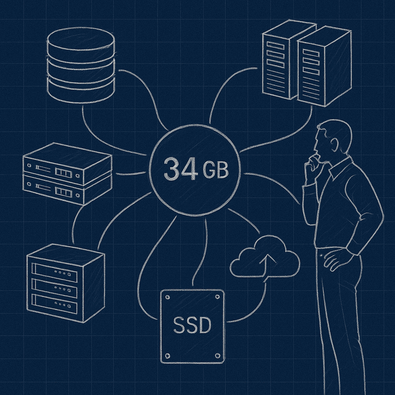 Dataset inventory chaos showing 34 gigabytes across six storage technologies creating dependencies