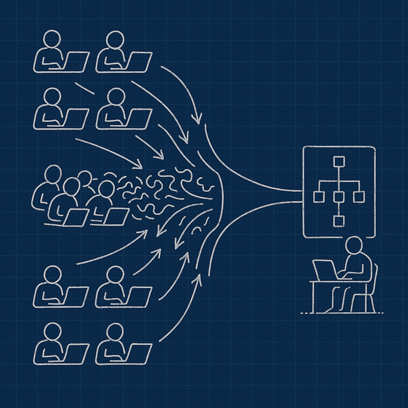 Four development teams creating coordination chaos with single platform team overwhelmed as bottleneck