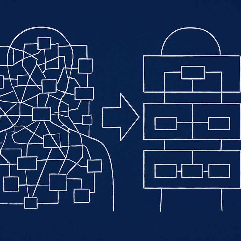 Blueprint diagram showing transformation from chaotic interconnected systems to organized architectural layers with clear...