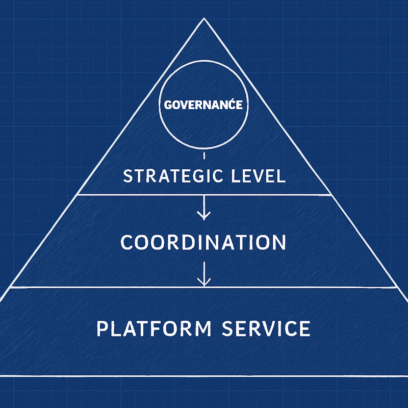 Pyramid diagram showing three distinct layers - Enterprise at top with strategic governance, Application in middle with...