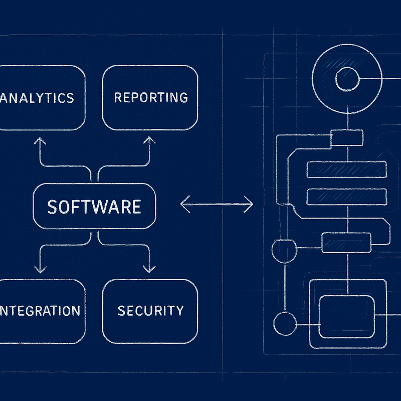 Split view showing the same architectural concept presented as business capability map on left and technical system...
