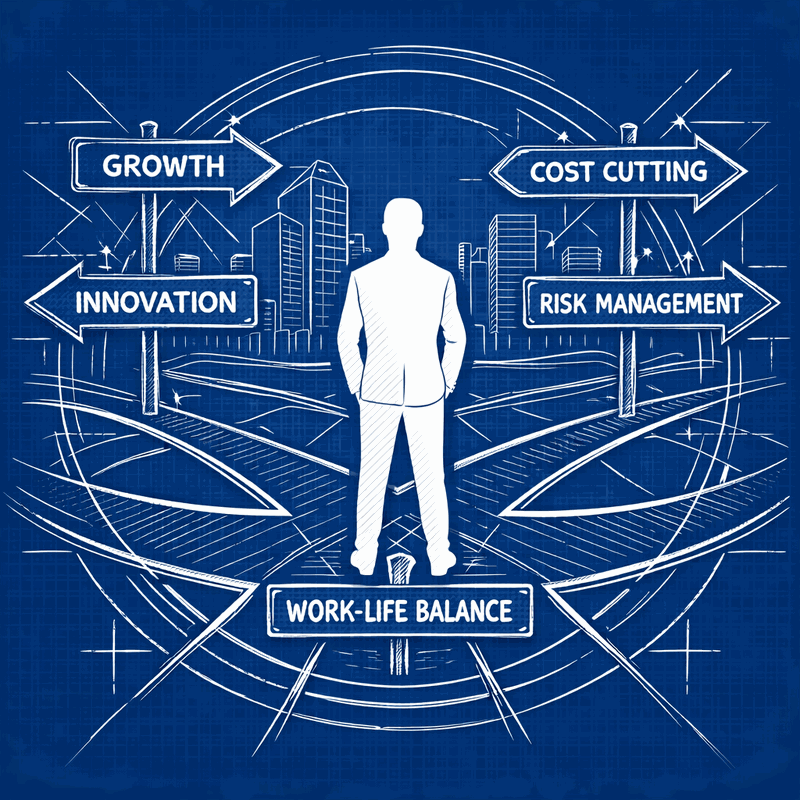 Architect standing at crossroads with multiple signposts pointing toward different stakeholder priorities and...