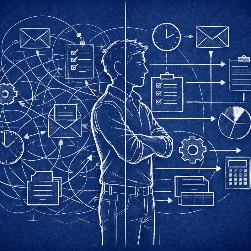 Before and after comparison showing chaotic manual coordination processes transformed into streamlined automated...