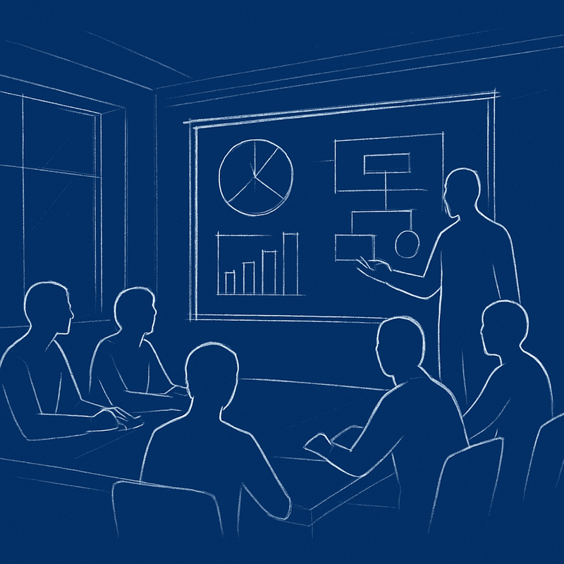 Meeting room scene with architect presenting simplified business-focused diagrams to engaged stakeholders rather than...