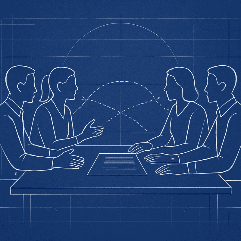 Two teams collaborating on API contract review with clear documentation and mutual understanding rather than territorial...