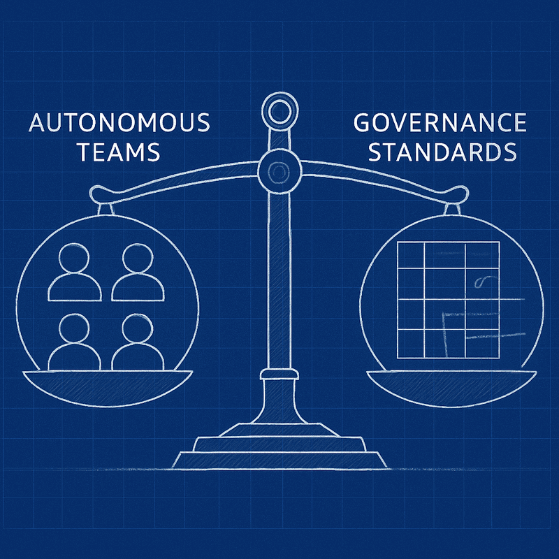 Blueprint diagram showing four distinct domain territories with clear boundaries and integration points, representing...