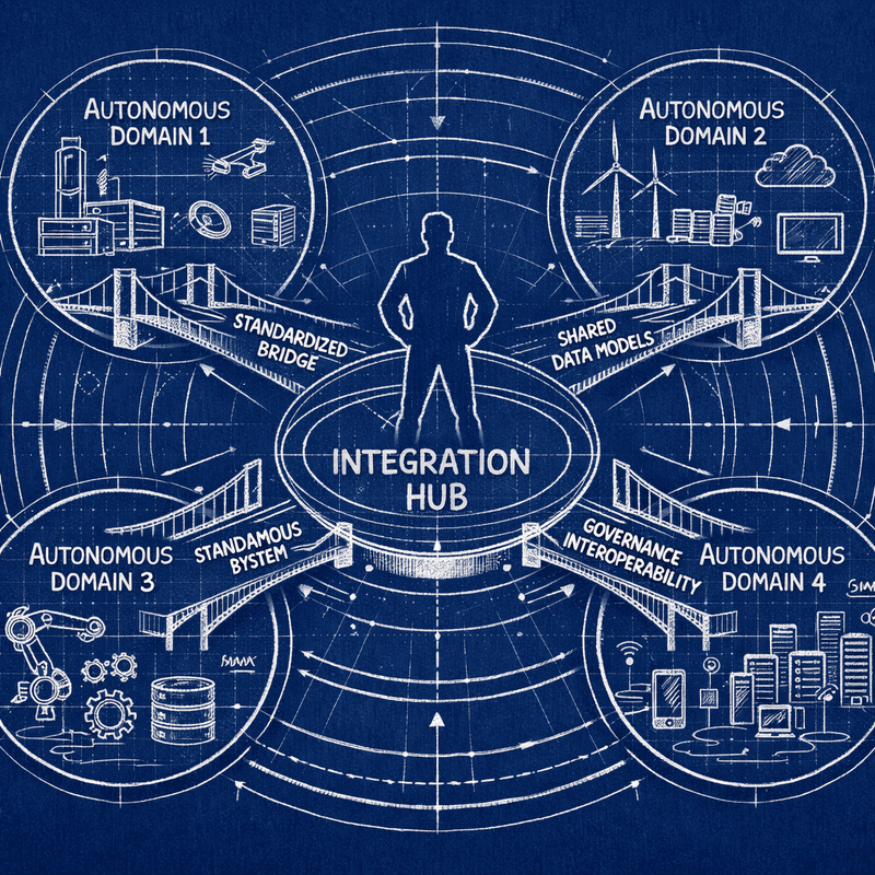 Governance framework showing integration standards as bridges between autonomous domain territories