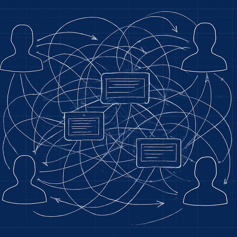Tangled web of arrows connecting multiple teams to shared systems, showing coordination chaos and unclear ownership
