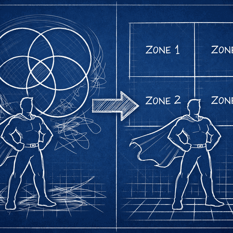 Before and after organizational charts showing transformation from shared responsibilities to clear domain ownership