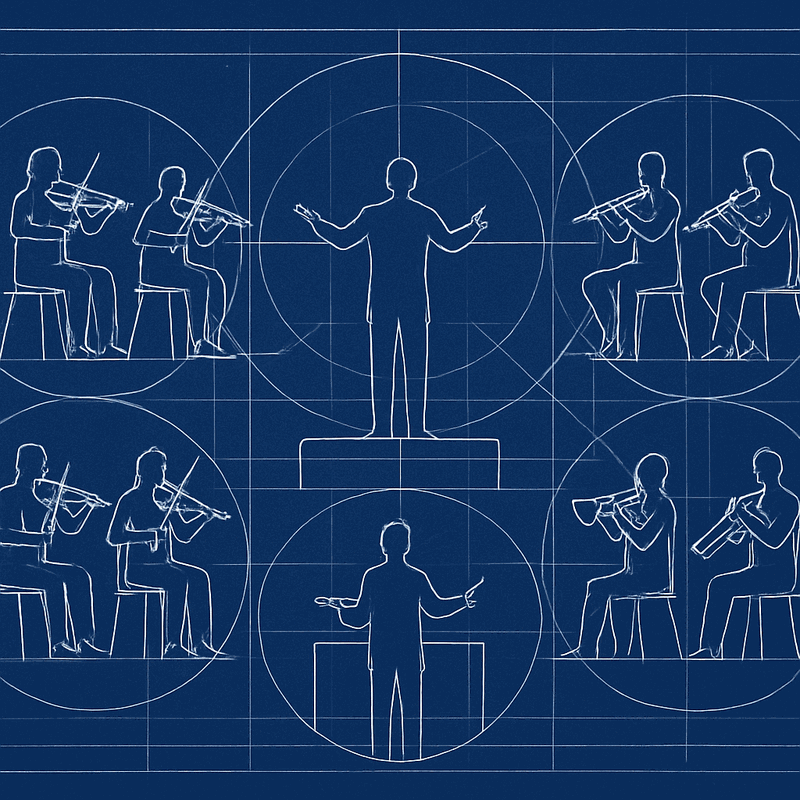 Orchestra sections representing domain teams with shared musical standards enabling autonomous performance