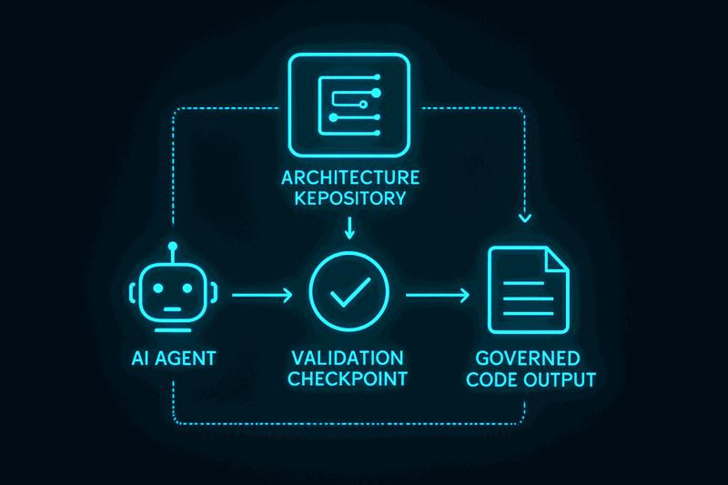 Blueprint diagram showing AI development workflow with architecture repository providing governance constraints and...