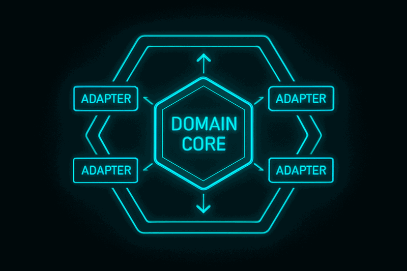 Technical diagram showing hexagonal architecture pattern with ports, adapters, and domain boundaries clearly separated