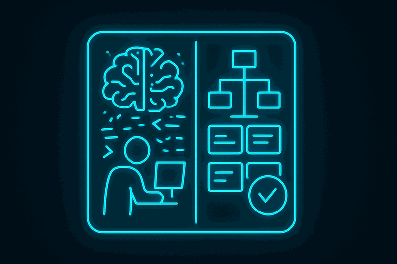 Diagram showing traditional AI development workflow with ungoverned outputs leading to technical debt accumulation