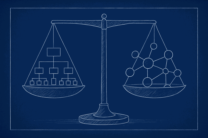 Blueprint diagram showing formal org chart versus hidden influence network with dotted lines connecting real decision makers