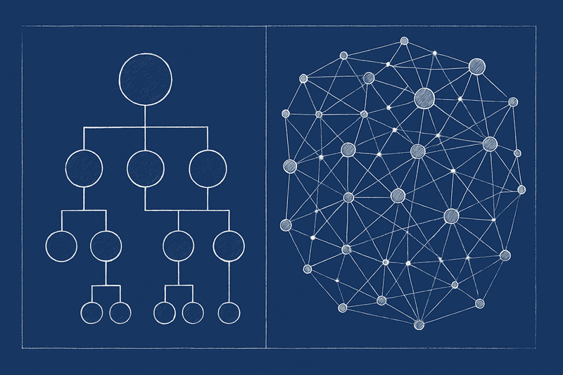 Two network diagrams side by side - formal stakeholder map with neat hierarchies versus chaotic power map showing real...
