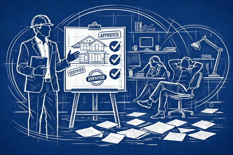 Architect standing before approval board with checkmarks, but empty implementation space behind