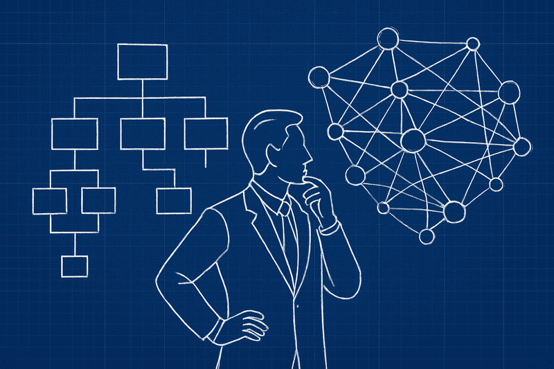 Architect studying two different organizational charts with magnifying glass