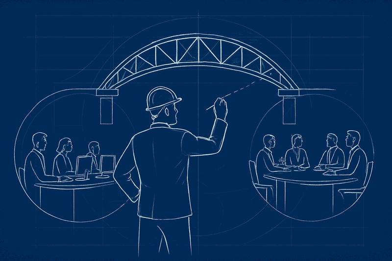 Architect building bridge between technical team and executive boardroom