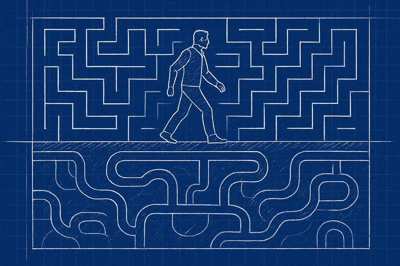 Architect navigating complex organizational maze with multiple paths and hidden obstacles