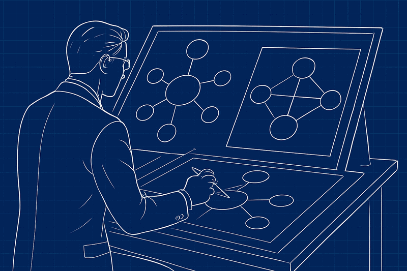 Architect drawing two different maps - stakeholder map and power map with different connections