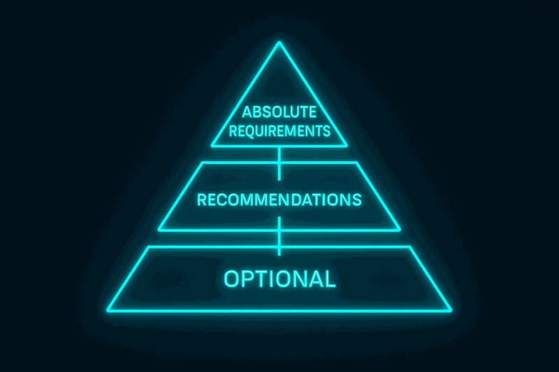 Pyramid diagram showing MUST at top, SHOULD in middle, MAY at bottom with compliance percentages