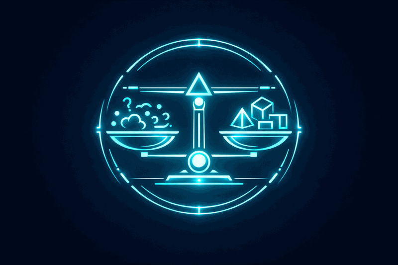 Balance scale showing constraint density optimization between too vague and too specific