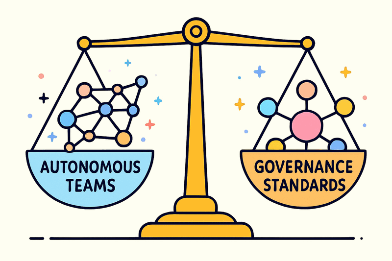 Blueprint diagram showing two organizational decision-making models side by side - distributed consensus network versus...