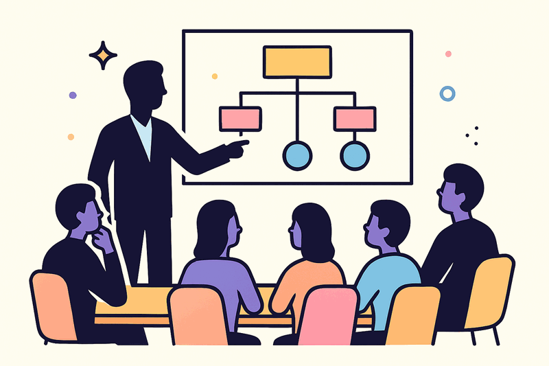 Architect presenting governance framework to a room of seated team members, with visible disconnect between presenter and...