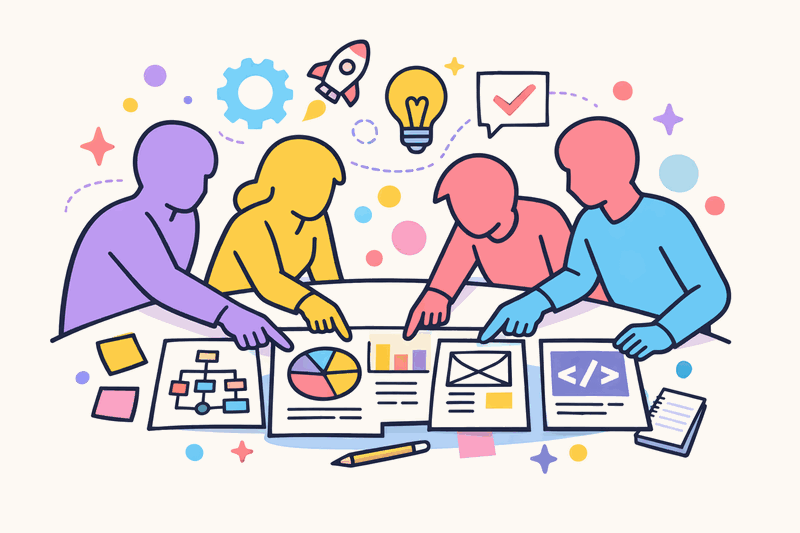 Team collaboration diagram showing interconnected nodes representing equal stakeholder participation in decision-making
