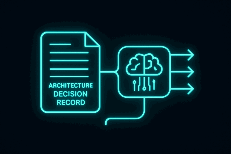 Blueprint-style diagram showing an ADR document flowing into an AI system, with decision context creating consistent...