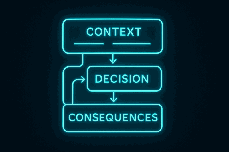 Structured diagram showing ADR components flowing from Context through Decision to Consequences, with arrows indicating...