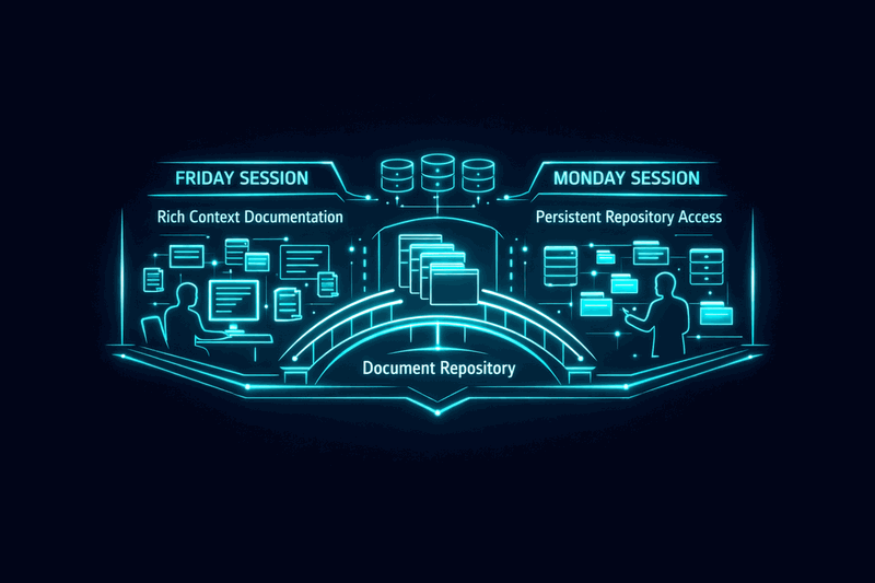 Blueprint diagram showing AI agent memory persistence across sessions with repository structure