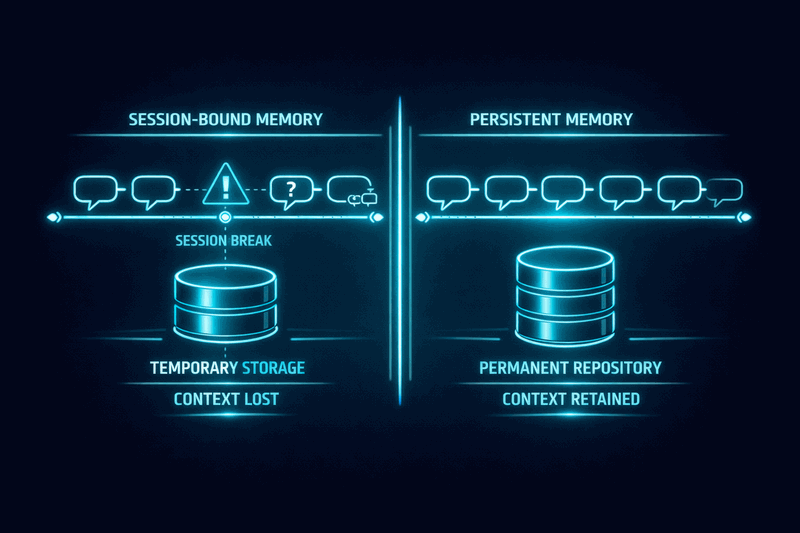 Diagram showing conversation memory versus persistent context with session boundaries