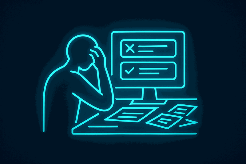 Frustrated developer staring at computer screen with AI chat showing conflicting information