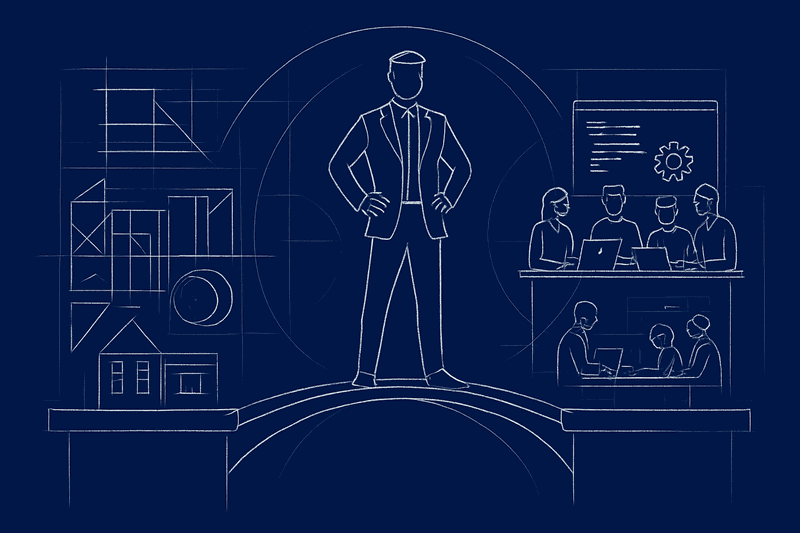 Blueprint diagram showing the bridge between architecture design and successful implementation through glue people