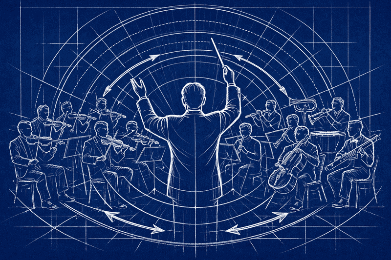 Orchestra conductor visualization showing coordination role without direct output production