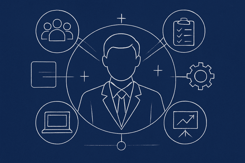 Architect figure surrounded by various coordination activities that seem like overhead but are actually essential
