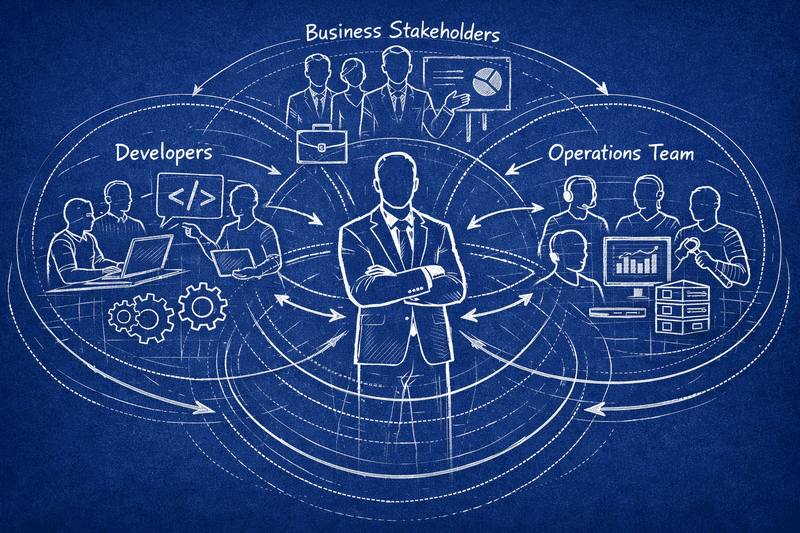 Person at the center of multiple communication paths between different stakeholder groups
