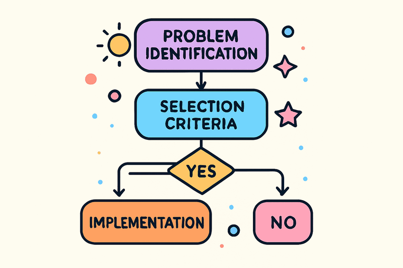 Decision tree diagram showing pain point analysis leading to framework element selection