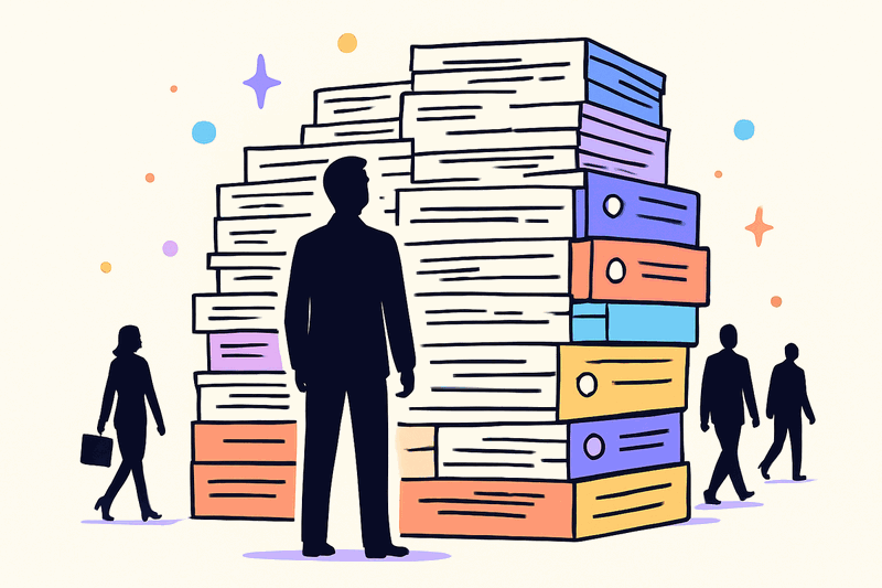 Architect standing before a massive wall of documents while stakeholders walk away in the background