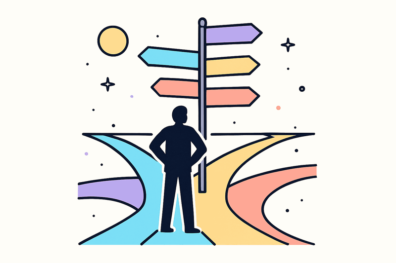 Architect at crossroads with signposts representing different pain points and TOGAF solutions