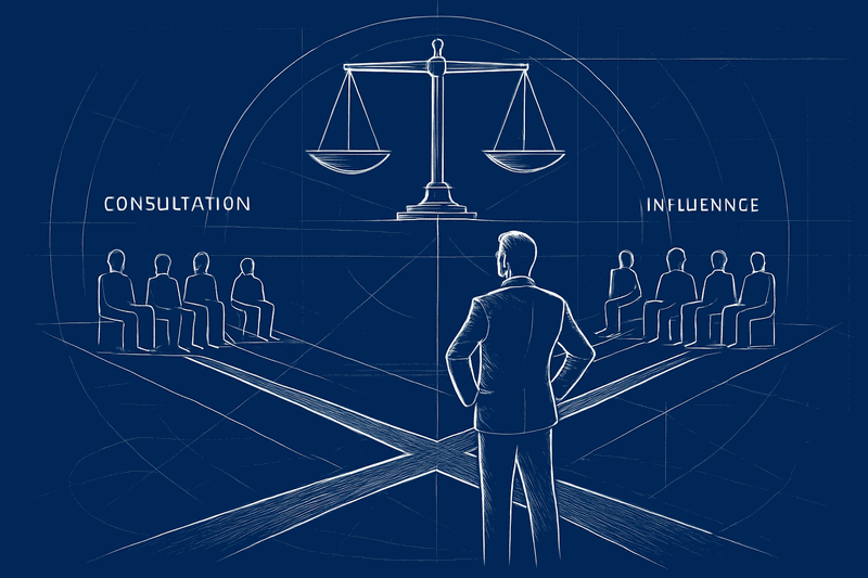 Blueprint diagram showing an architect figure standing at a decision crossroads with multiple pathways leading to...