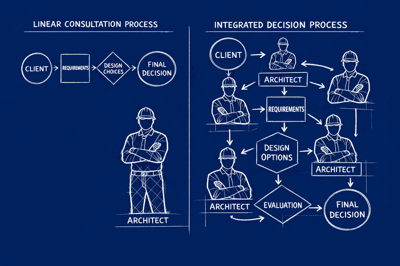 Split scene showing architect as menu item on left (passive, waiting) versus decision maker on right (active, engaged in...