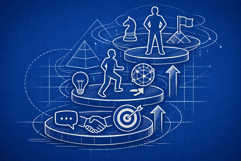Diagram showing three tactical shifts as ascending steps: unsolicited advice, stakeholder engagement, and early positioning