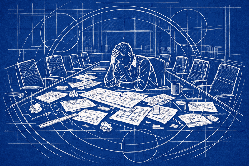 Architect figure sitting at a conference table surrounded by empty chairs, with documents scattered around representing...